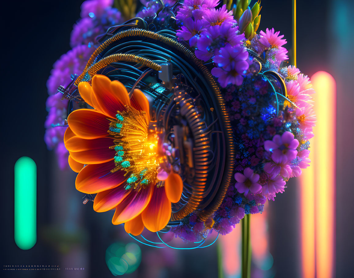 Colorful digital art: orange flower, machinery, purple flowers, neon lights