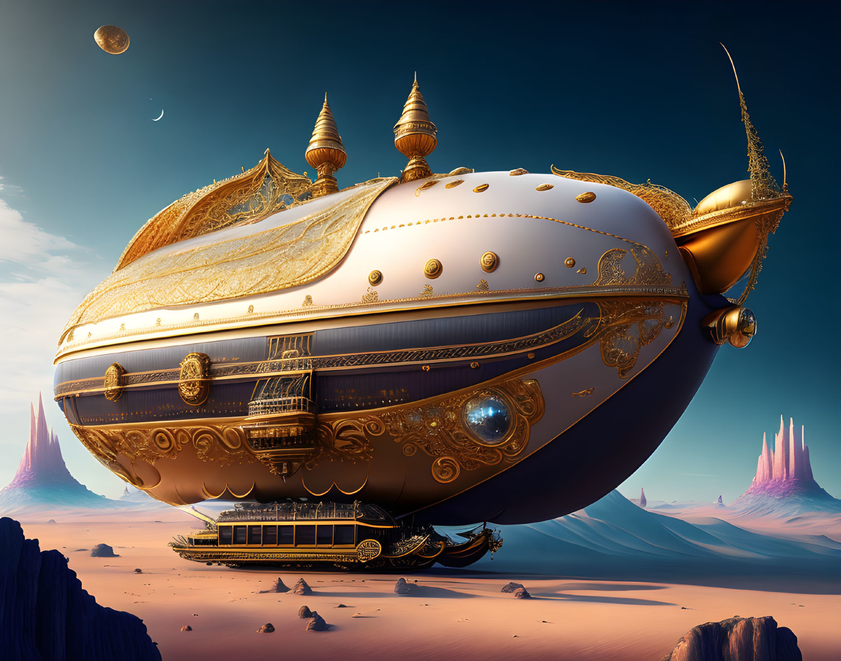 Golden airship floats above desert with rock formations & planets in sky