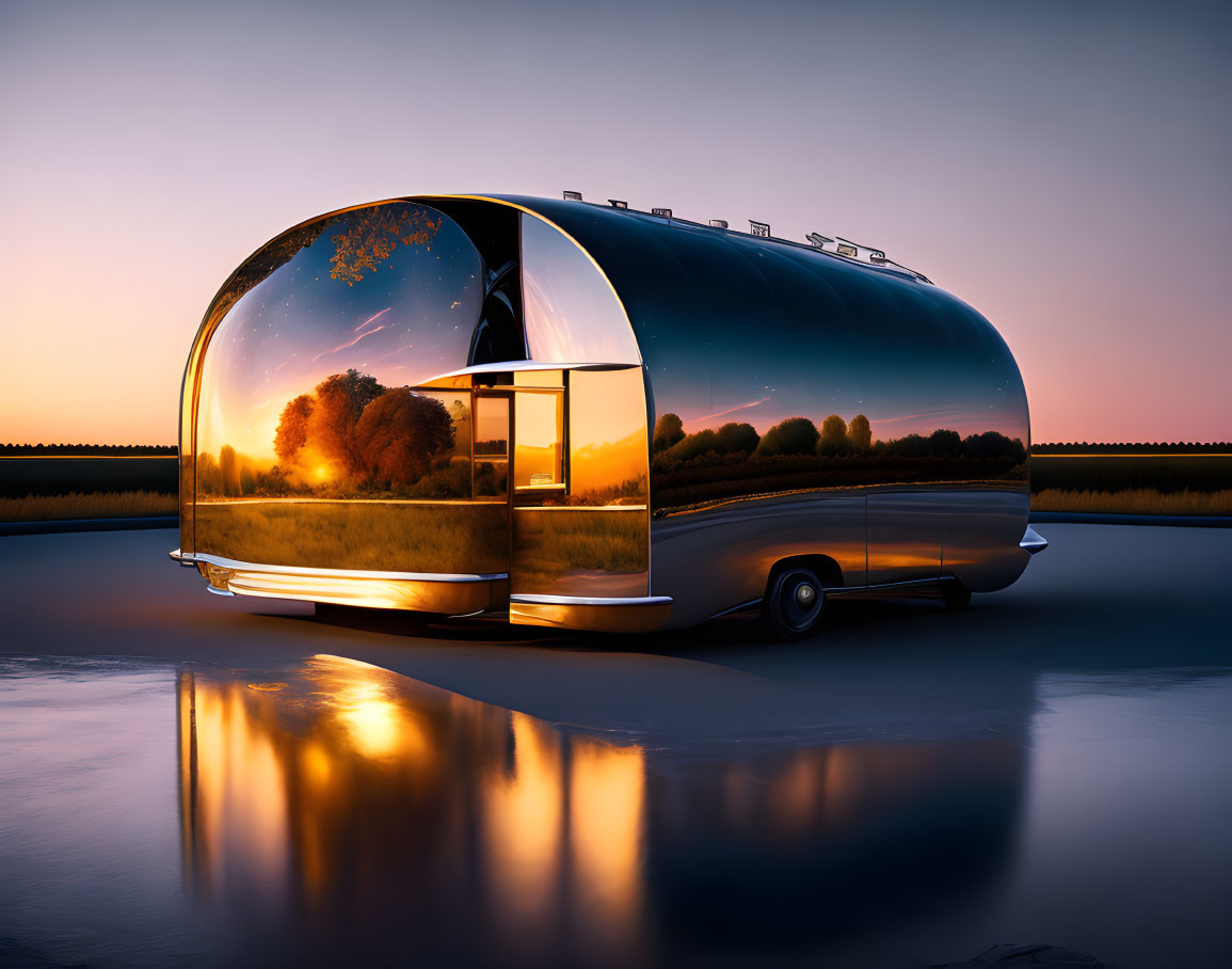 Reflective futuristic trailer with large glass window parked at sunset