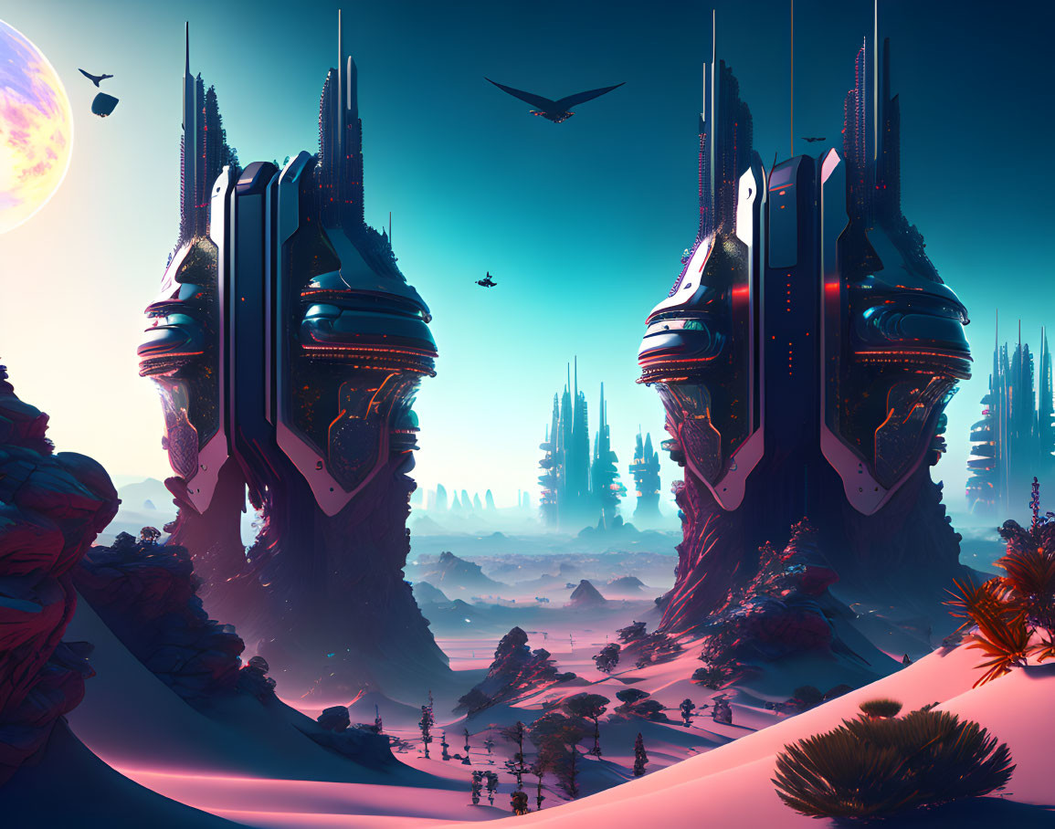 Futuristic landscape with face-like structures, desert setting, figures, and large moon