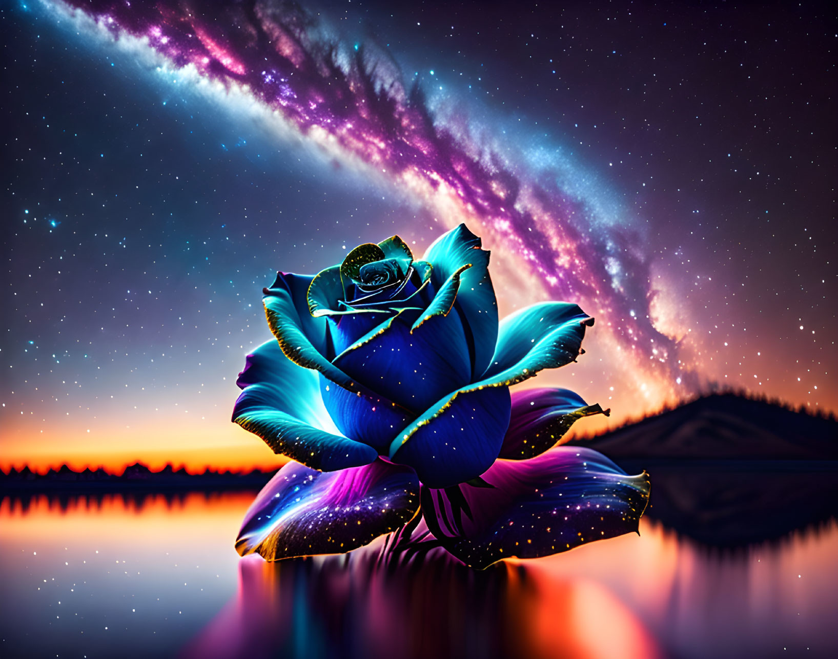 Vibrant blue rose against lakeside sunset and cosmic sky