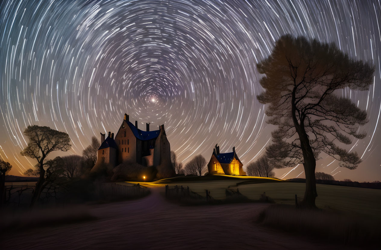 Night sky time-lapse: Star trails above lit castle, trees, clear sky