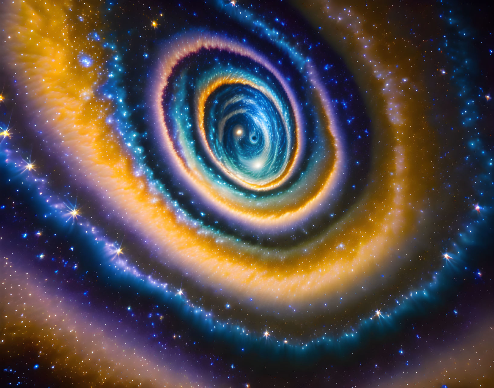 Spiral galaxy with swirling stars and cosmic dust in blue, gold, and purple