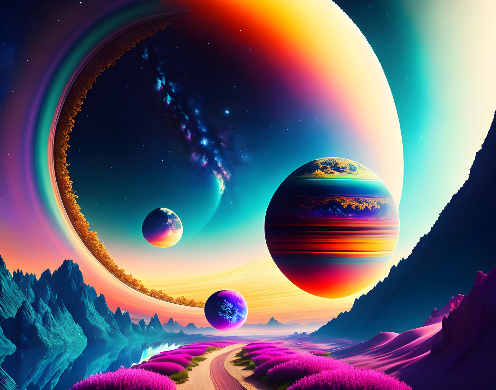 Colorful digital art: Otherworldly landscape with nebulae, giant planets, and pink flora