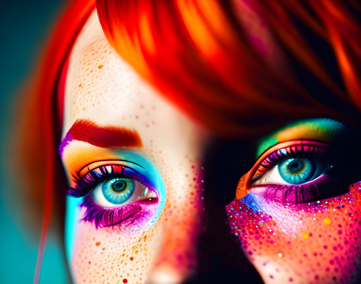 Vibrant rainbow makeup close-up with sparkling freckles