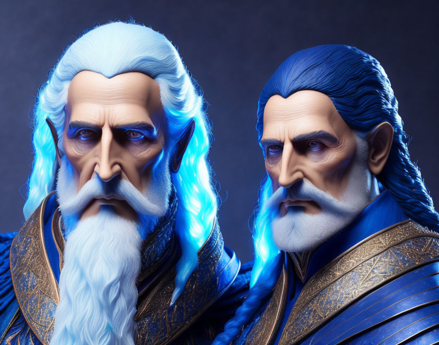 Detailed figures with stern expressions in ornate blue armor and flowing white and black beards.