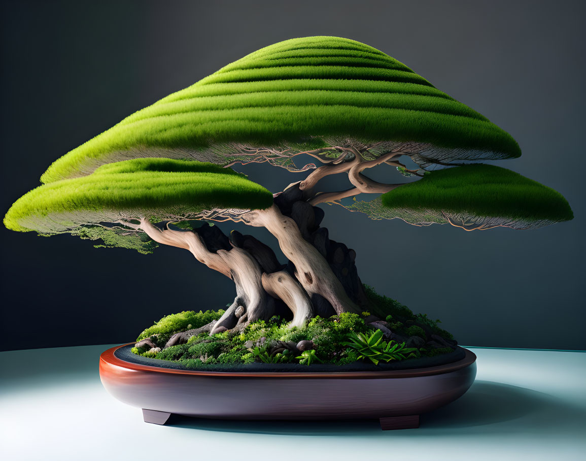 Stylized digital bonsai tree with flowing branches in circular pot