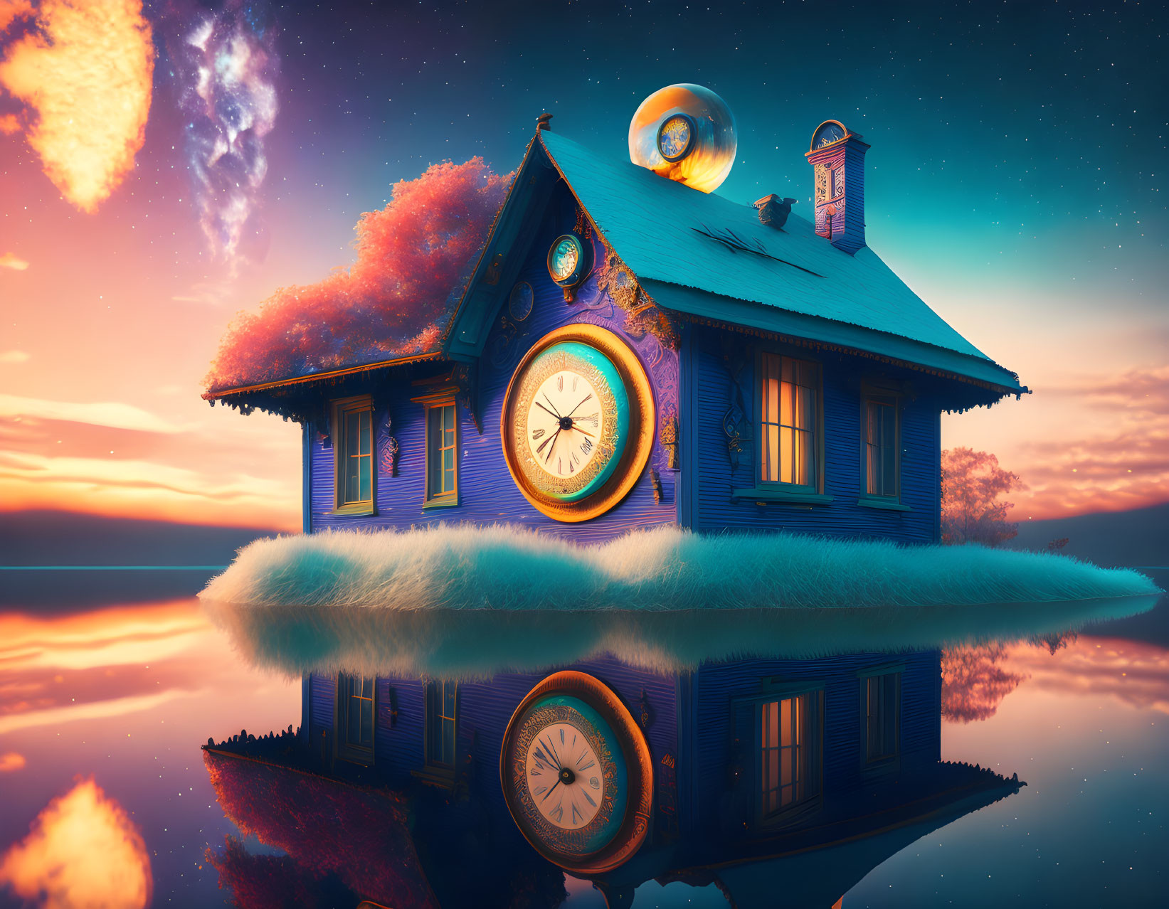 Surreal floating blue house with clock face, telescope, asteroid, and sunset reflection.