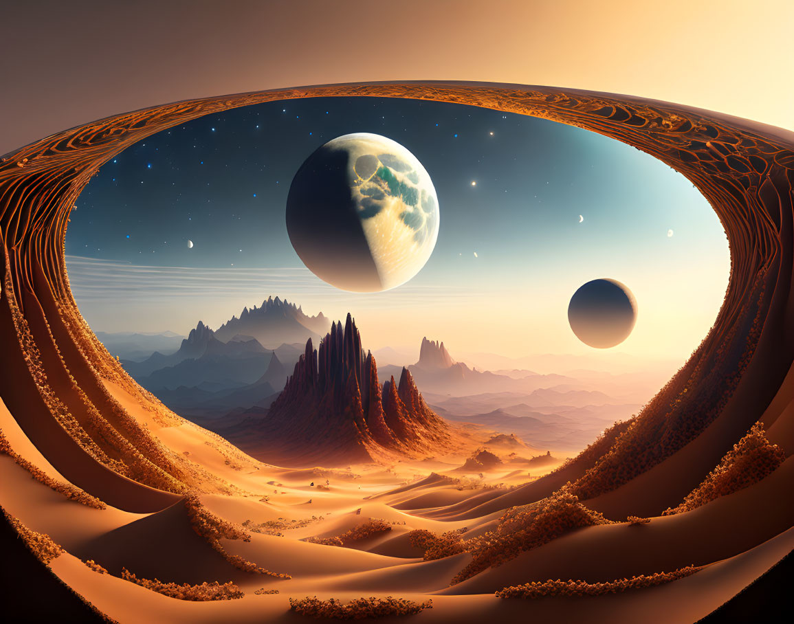 Surreal desert landscape with towering rock formations and ornate archway framing planets in the sky