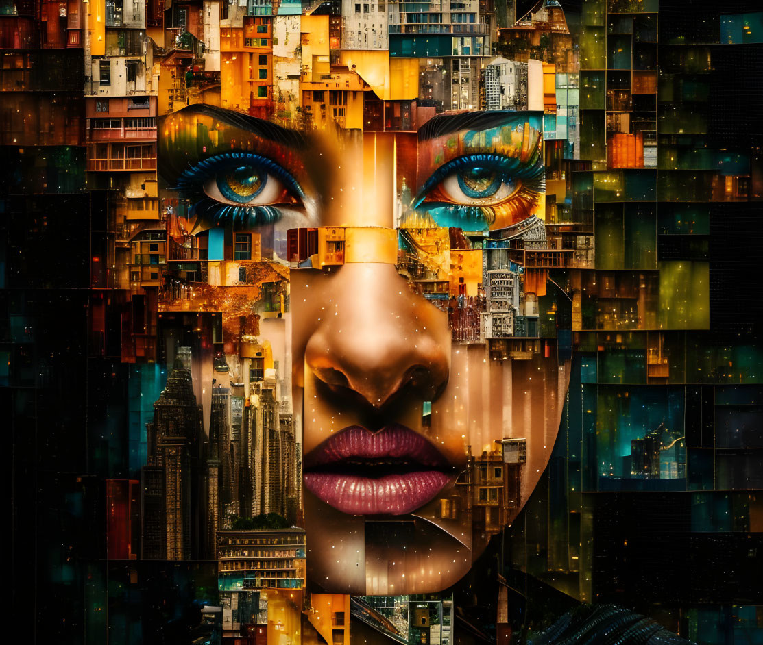 Digital collage blending woman's face with urban buildings.