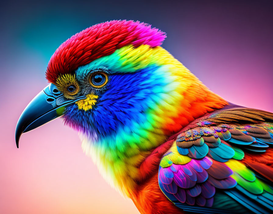 Colorful bird illustration with rainbow plumage and sharp beak