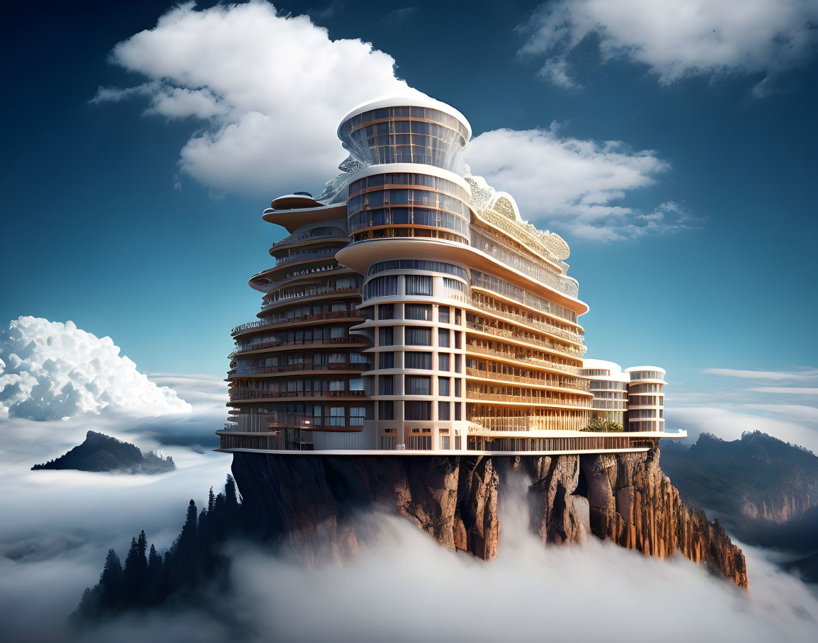 Modern multi-story building on cliff edge in clouds