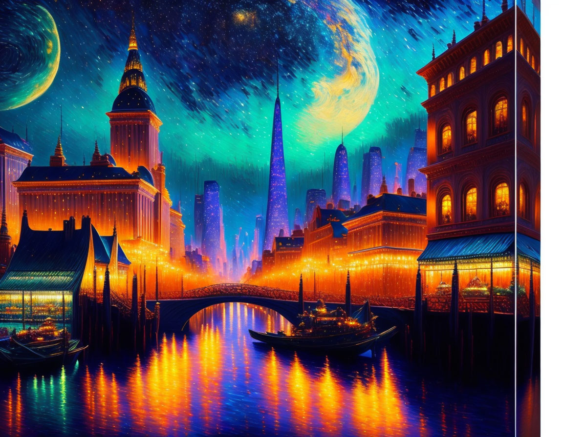 Vibrant night cityscape with illuminated buildings and starry sky