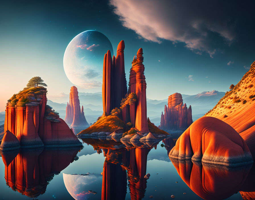 Red Rock Formations, Reflecting Lake, Moon in Surreal Landscape