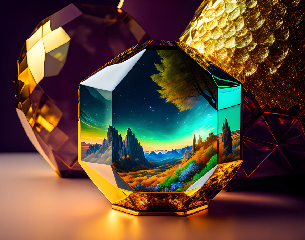 Colorful Landscape Encased in Gem with Abstract Golden Shapes