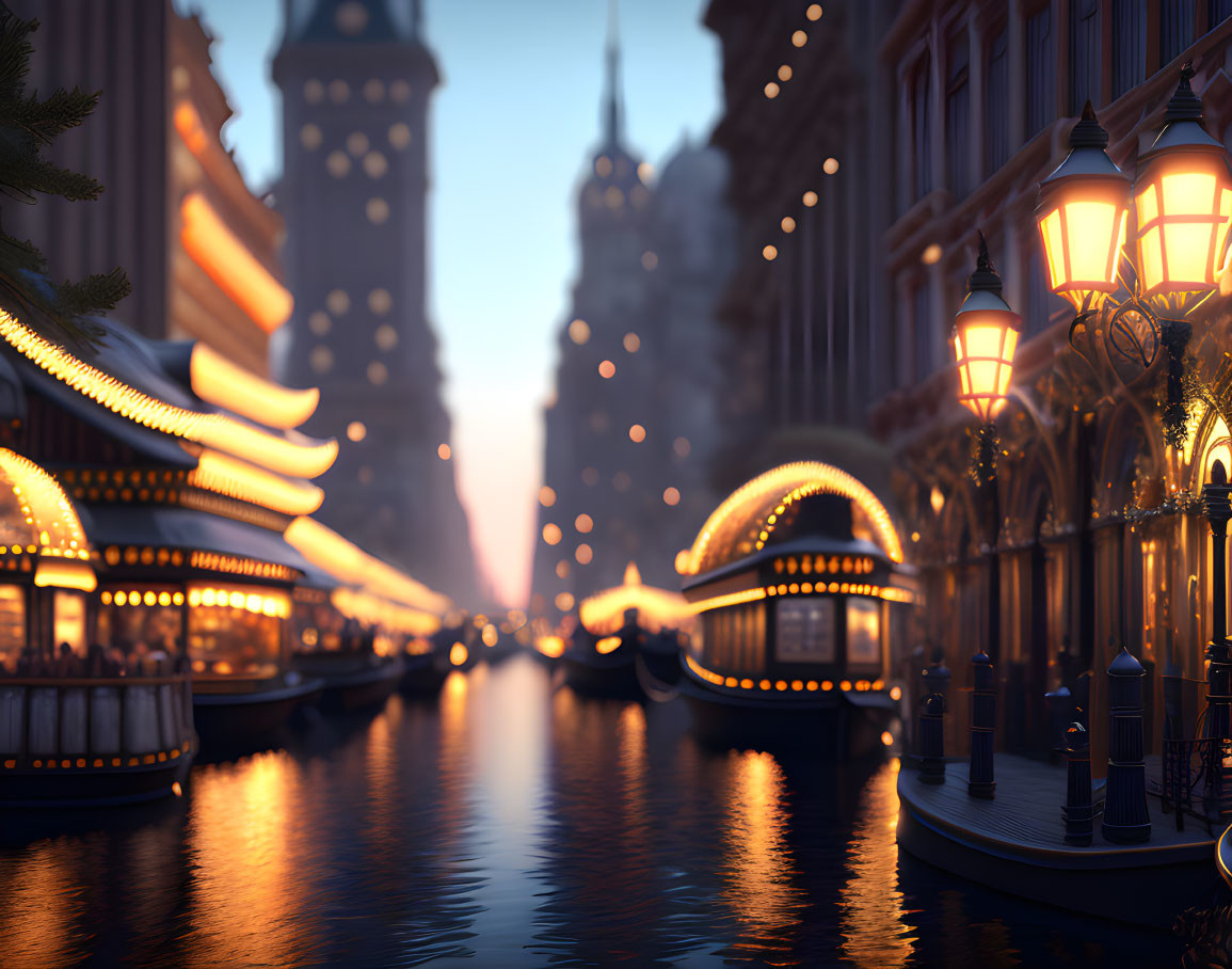 Tranquil urban canal scene at dusk with illuminated buildings and street lamps reflecting on water