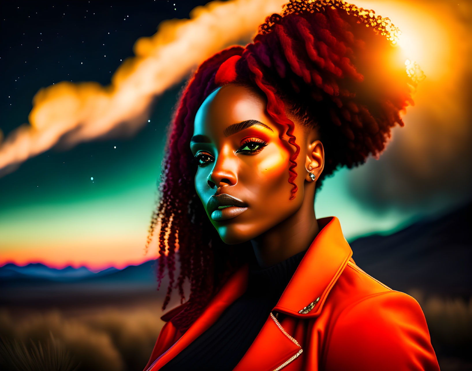 Vibrant digital art portrait of woman with red makeup against sunset landscape