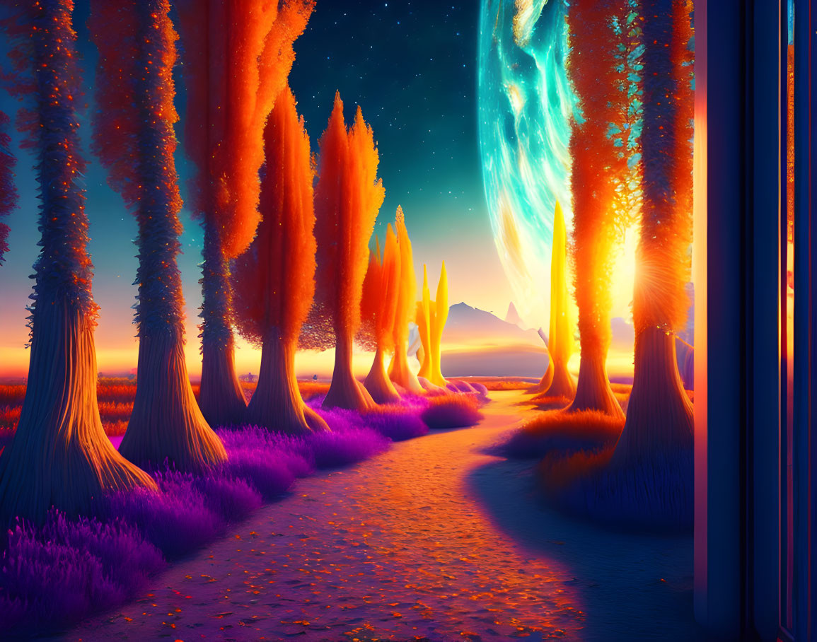 Vibrant path through surreal orange tree forest under starry sky.