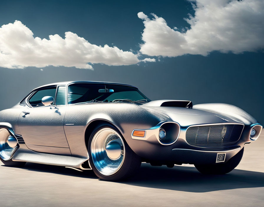 Silver Sports Car with Blue Illuminated Wheels under Dramatic Sky