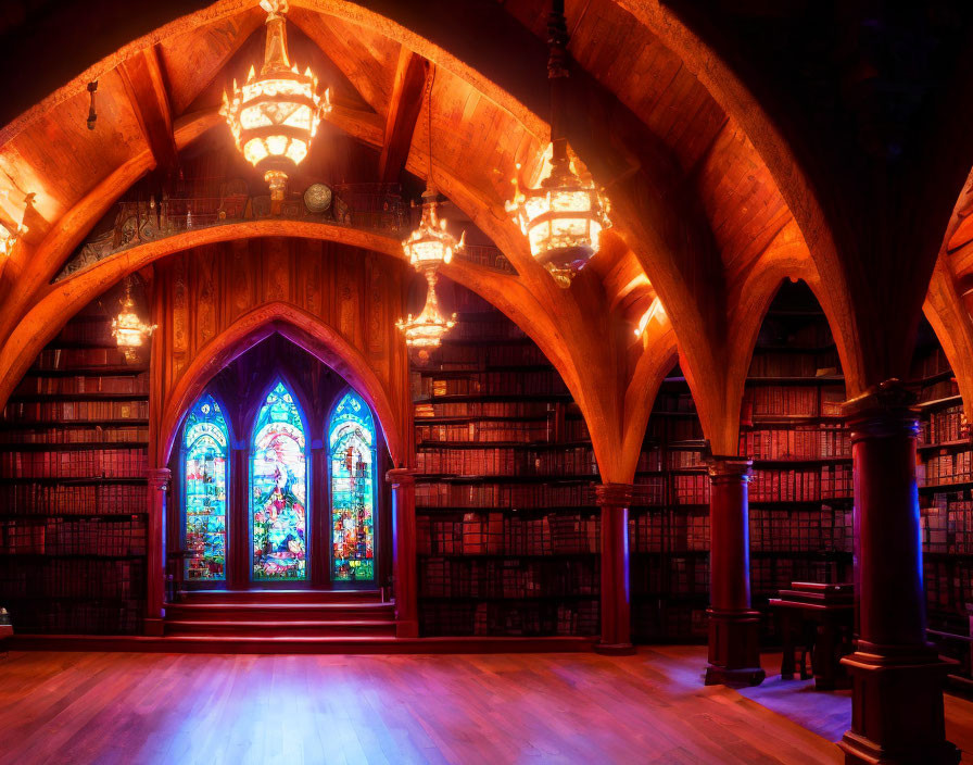 Gothic library with stained glass windows and chandeliers