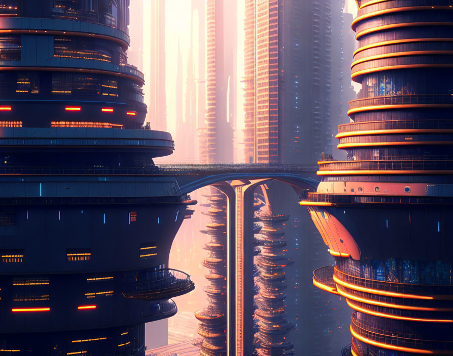 Illuminated futuristic cityscape at sunset