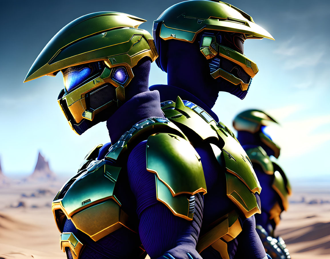 Futuristic soldiers in green and gold armor with advanced visor displays in desert landscape