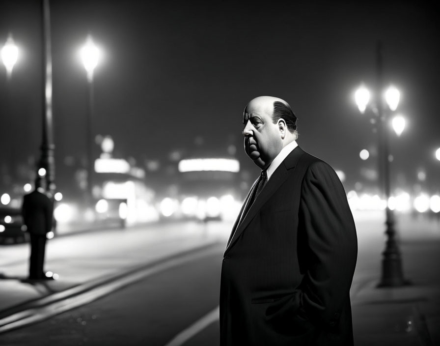 Serious man in suit on empty foggy street at night