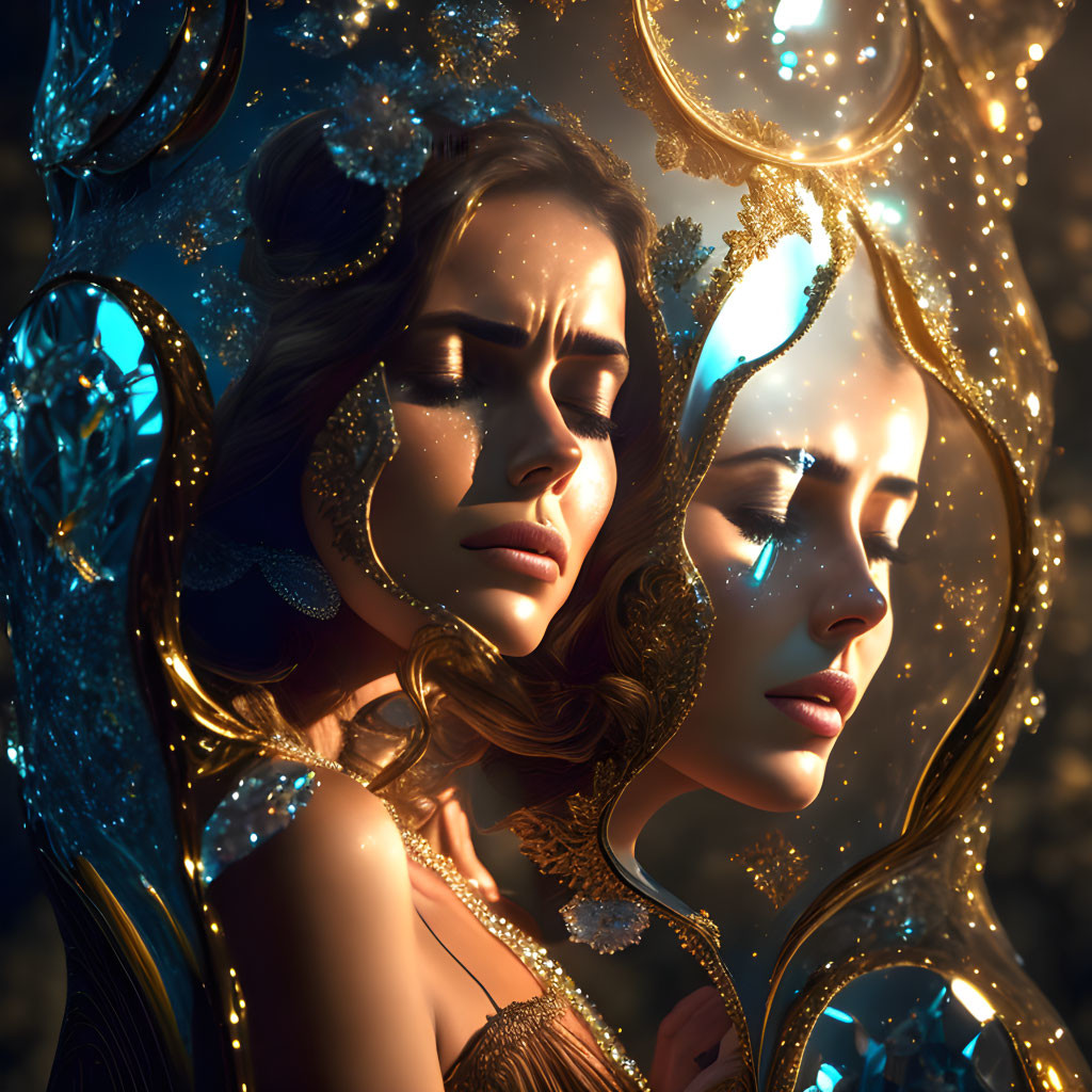 Two Women in Golden Headpieces with Emotional Contrast amid Glowing Bubbles