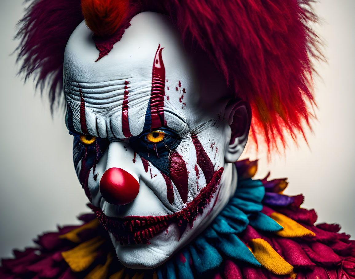 Close-up of menacing clown with red and white face paint, vibrant red nose, and multicolored