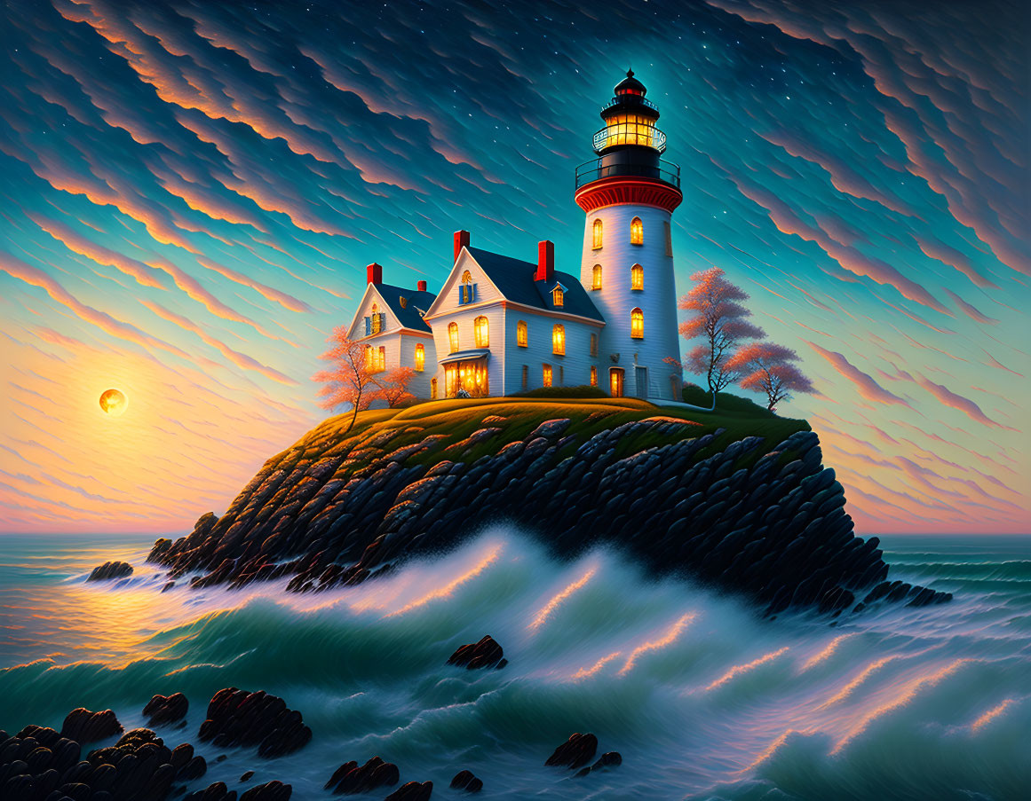 Picturesque lighthouse on rocky hill amid turbulent seas and dramatic sunset sky