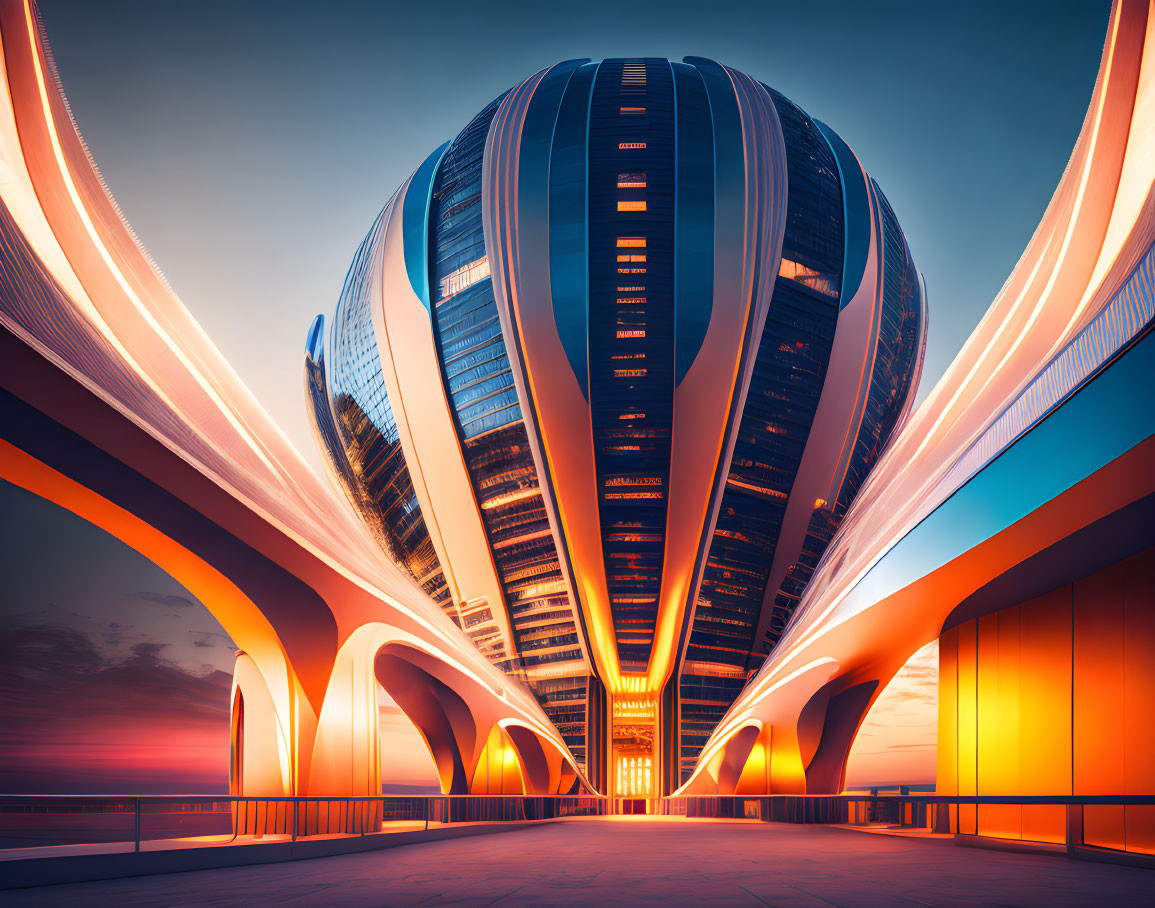 Curved futuristic building with neon lights under twilight sky