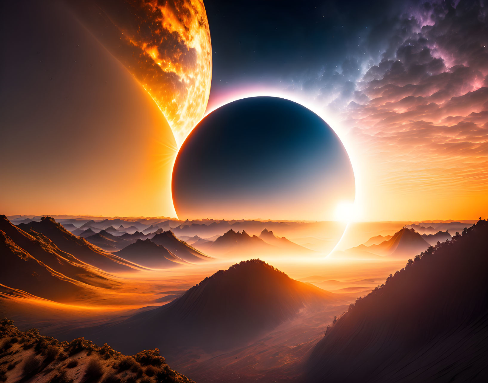 Vivid sci-fi landscape: sunrise, mountains, giant planet, dramatic sky