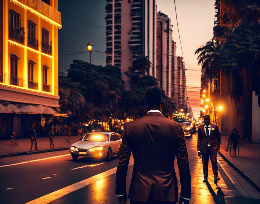 Stylish man strolling city street at sunset with glowing lights