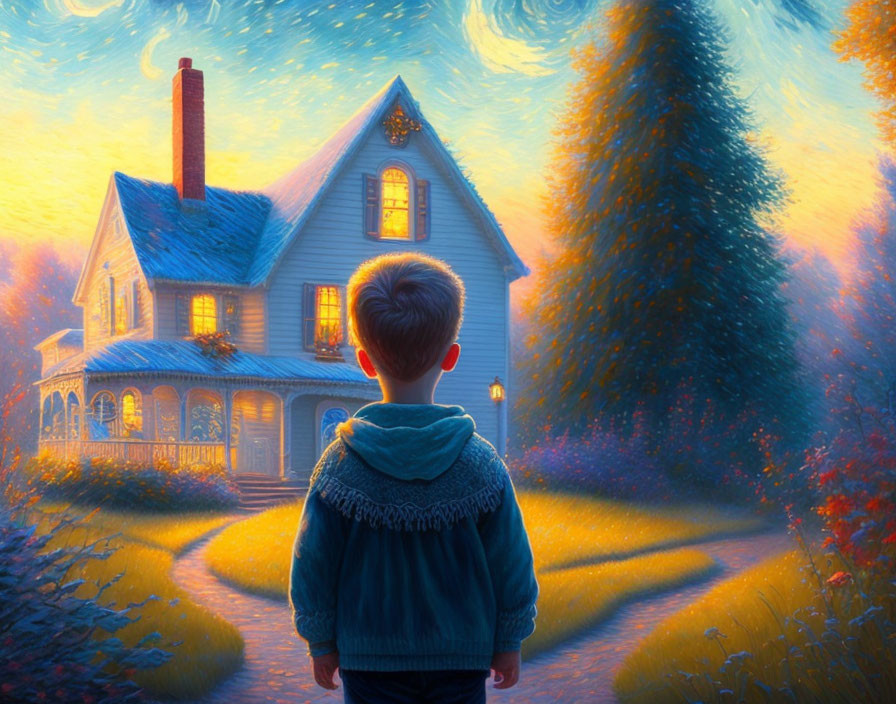 Boy gazes at Victorian house in twilight with van Gogh-style skies