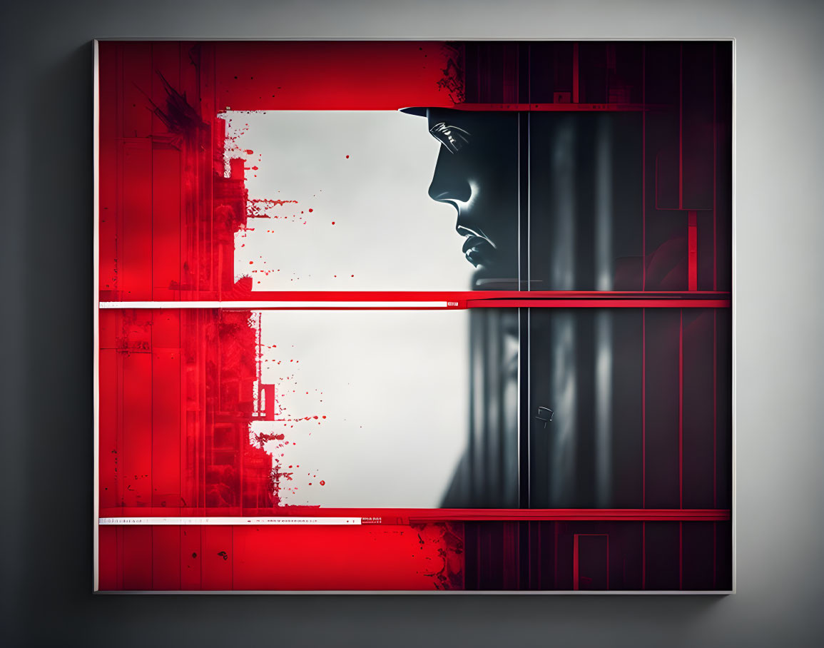 Monochromatic profile against red background with geometric lines