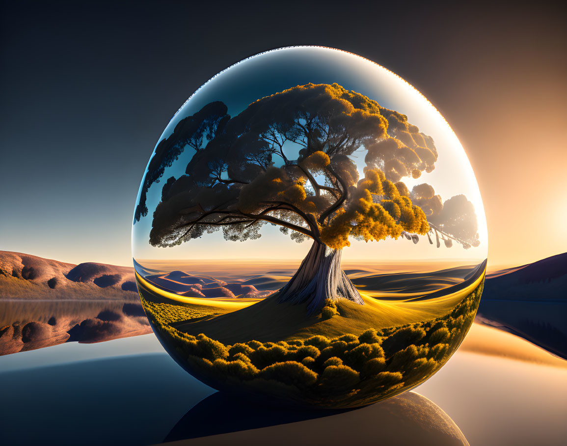 Surreal landscape: giant tree in bubble, serene desert sunset