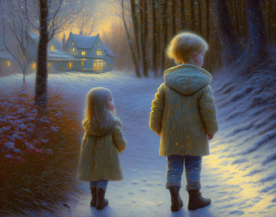 Children standing on snowy path at dusk near warmly lit house in winter landscape