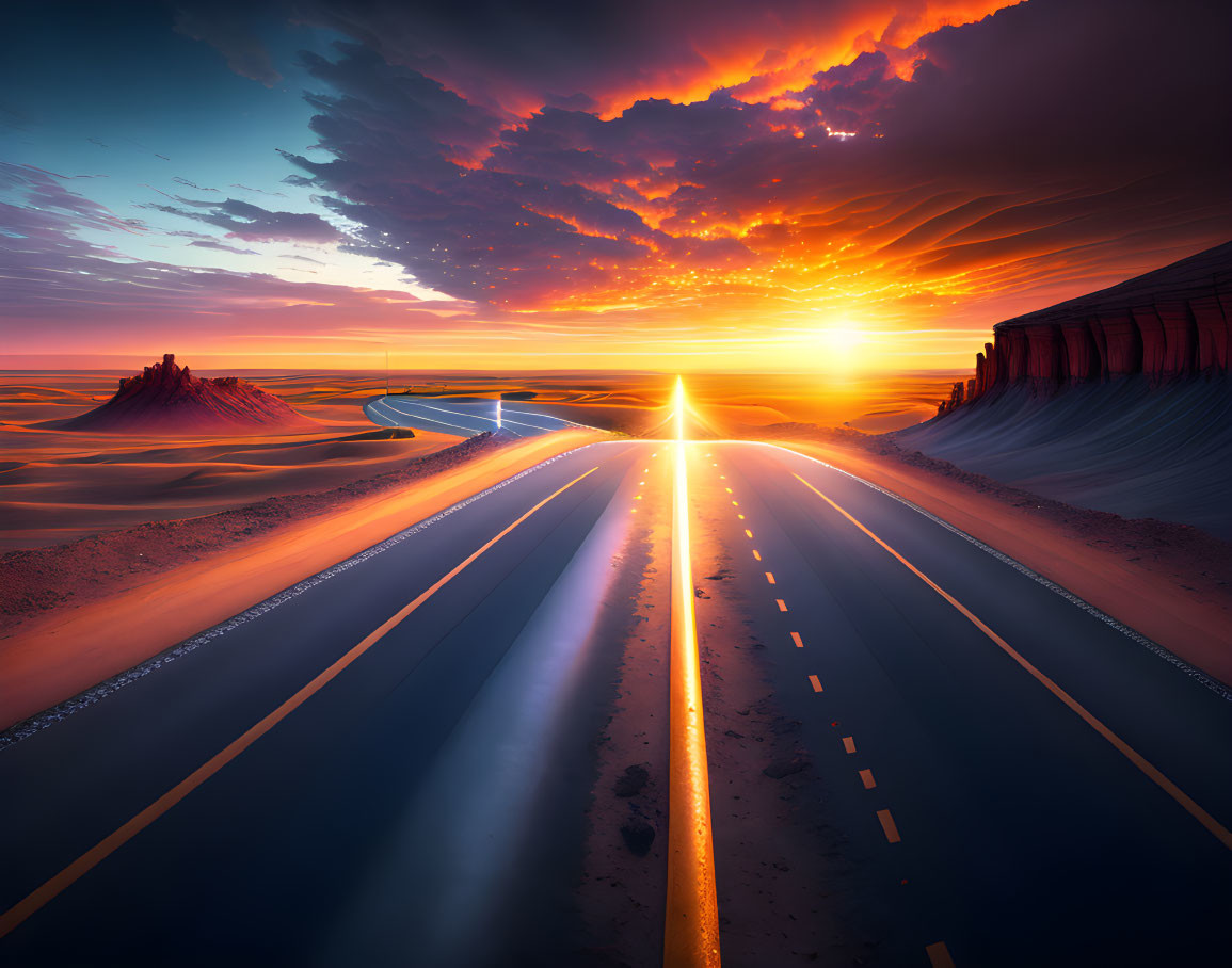 Vivid desert sunset with striking clouds and bending highway