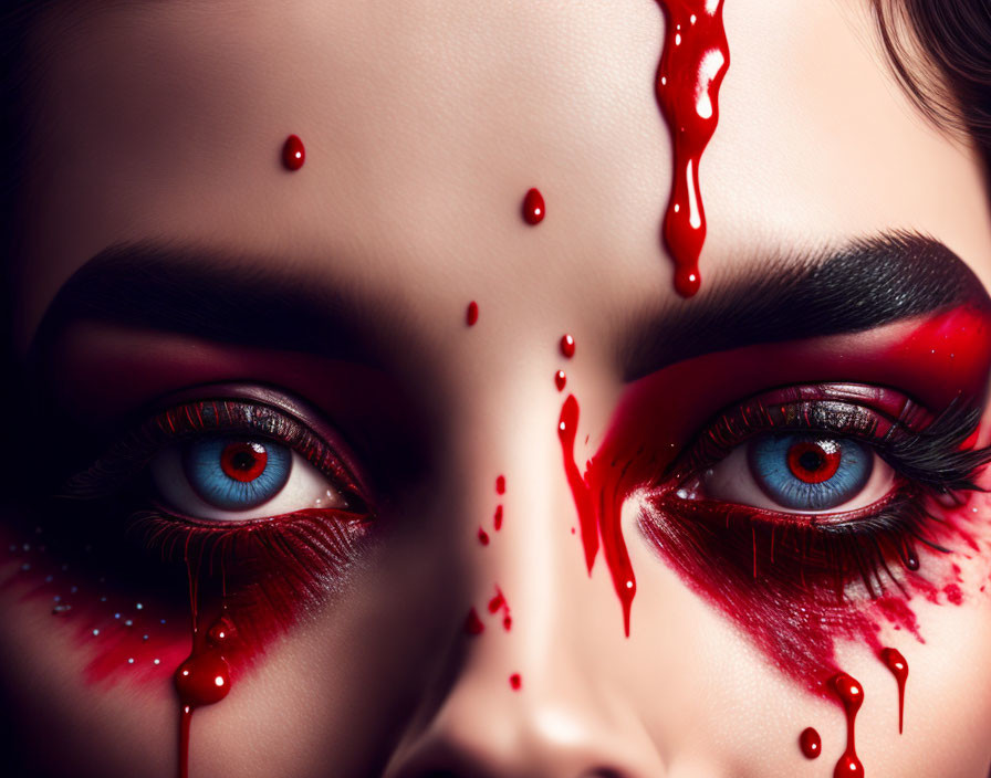 Intense red makeup and fake blood on face with piercing blue eyes