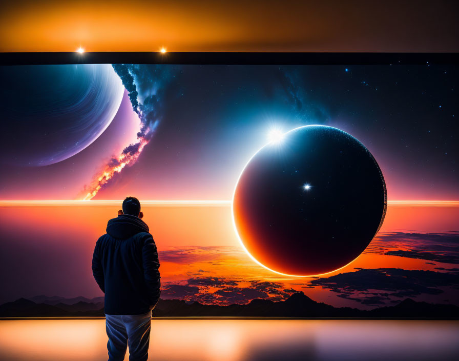 Person viewing cosmic scene with planets, star, and nebula under twilight sky