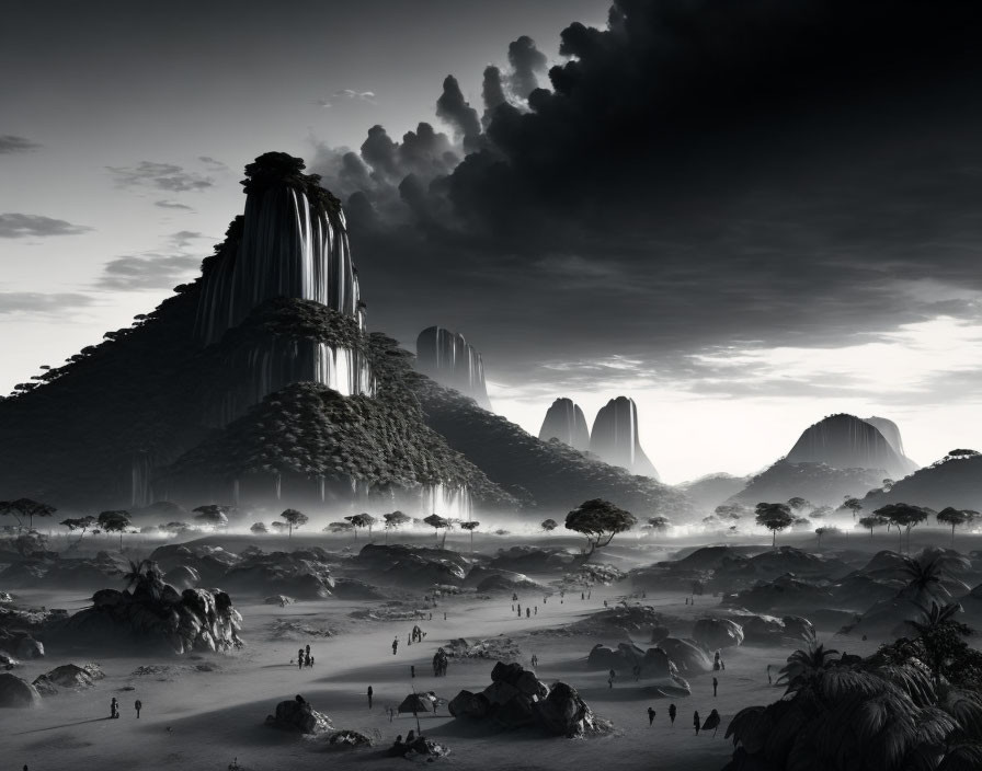 Monochromatic landscape: towering mountains, waterfalls, hills, vegetation, dramatic cloudy sky