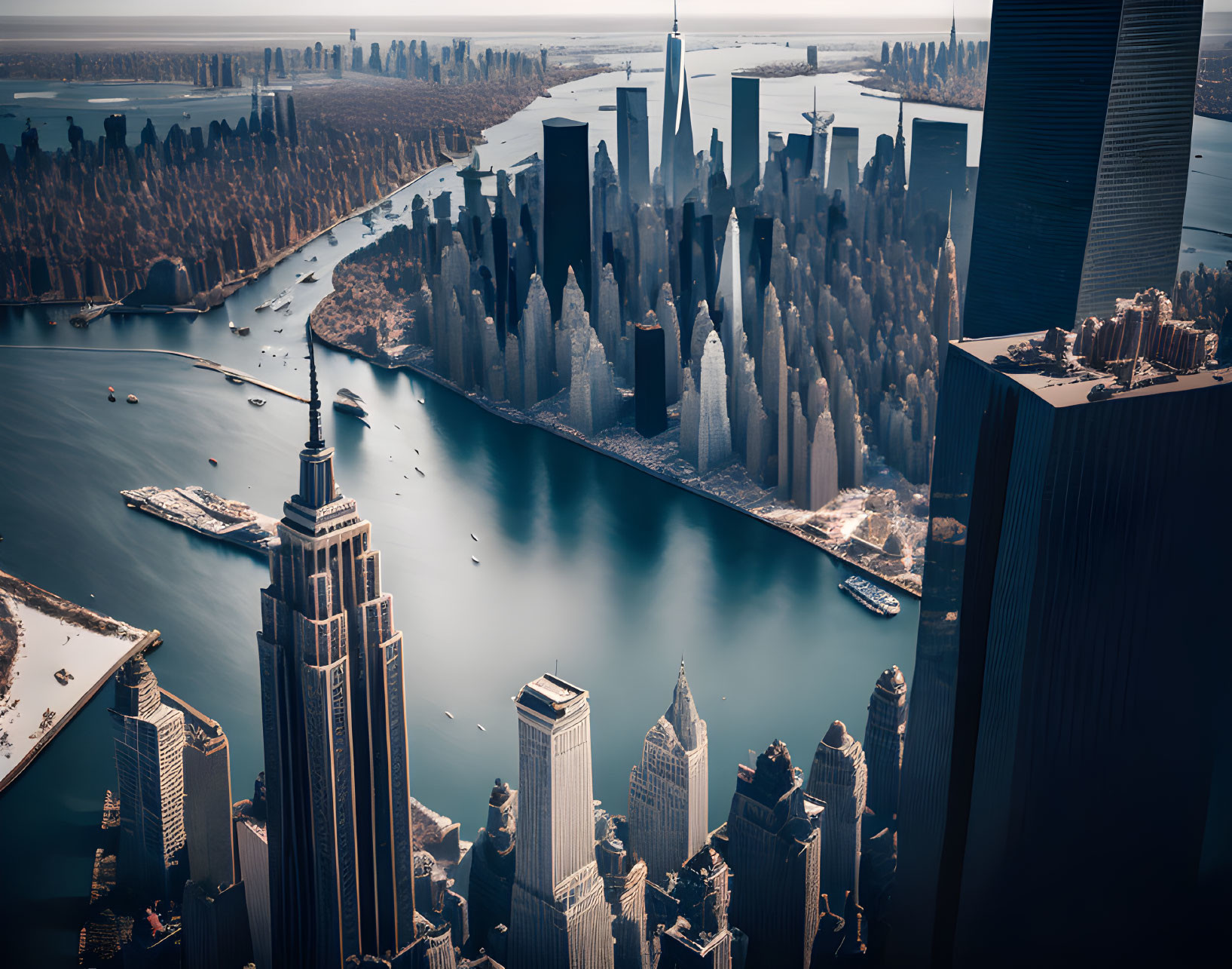 City skyline with river, boats, and distant forest