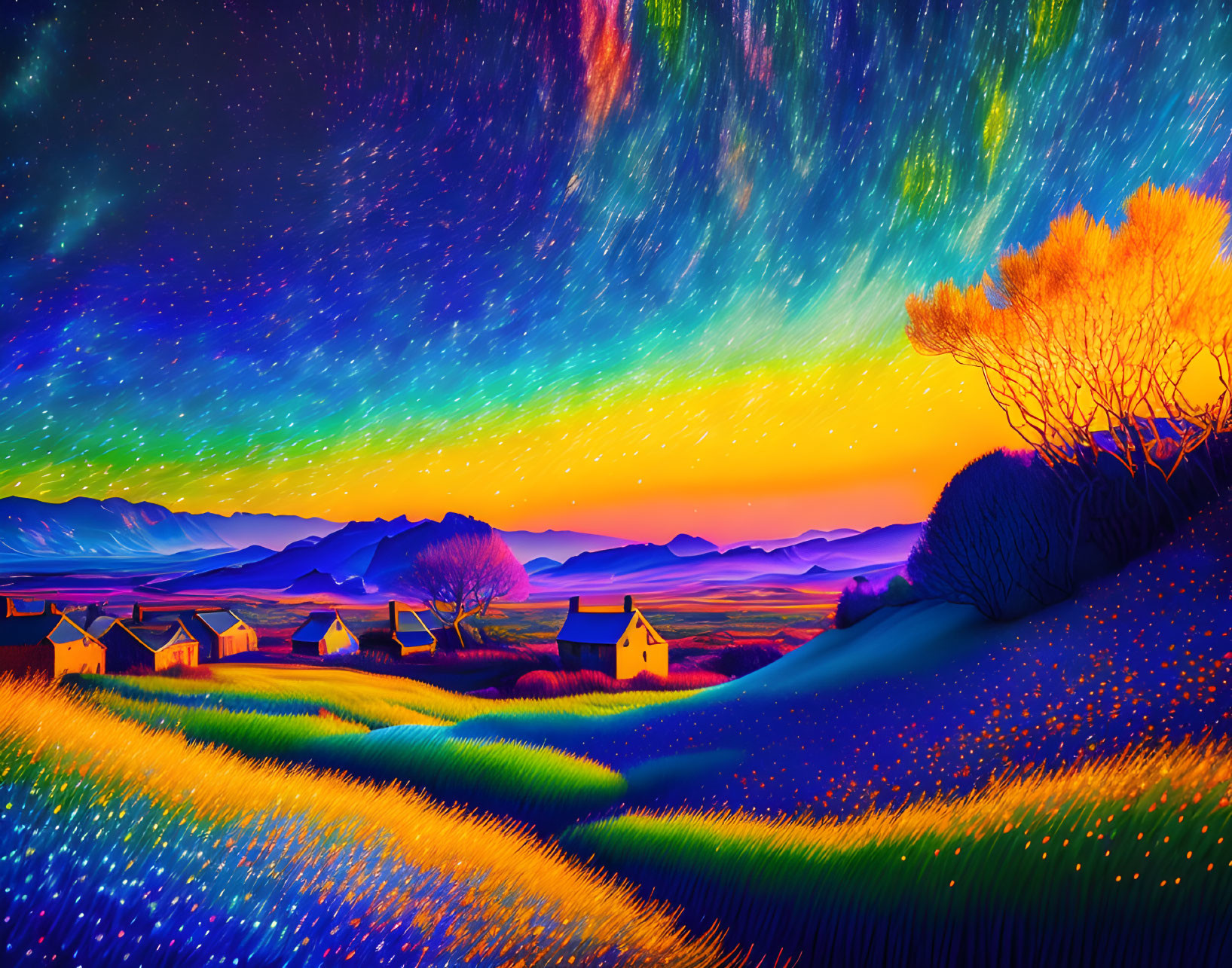 Colorful aurora lights illuminate rural landscape at night