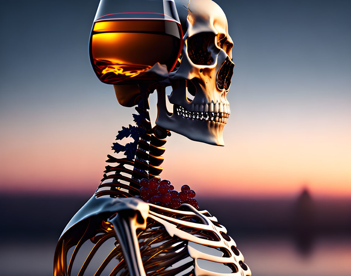 Skeleton with wine glass head and caviar on ribcage against sunset.