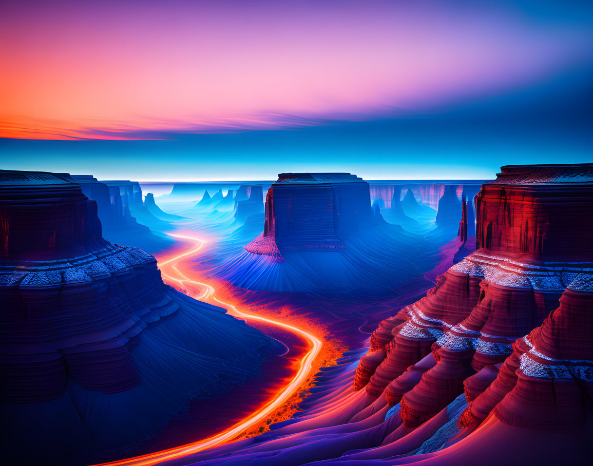 Ethereal canyon landscape with flowing lava rivers