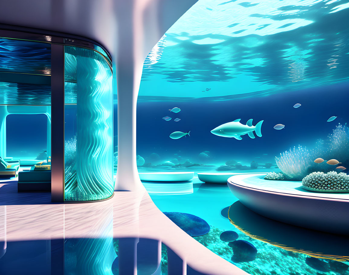 Modern underwater lounge with clear walls, shark, sleek furniture & blue lighting