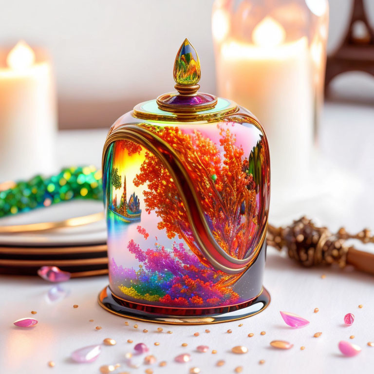 Iridescent autumn landscape perfume bottle on table with beads, plates, and candles