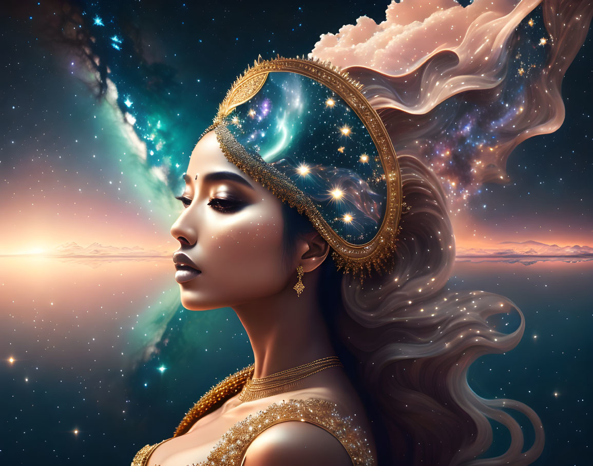 Digital artwork: Woman with star-filled hair against cosmic sky