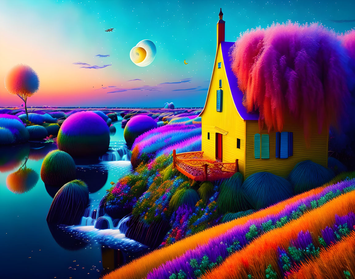 Colorful Twilight Landscape with Yellow House, Waterfalls, and Moon