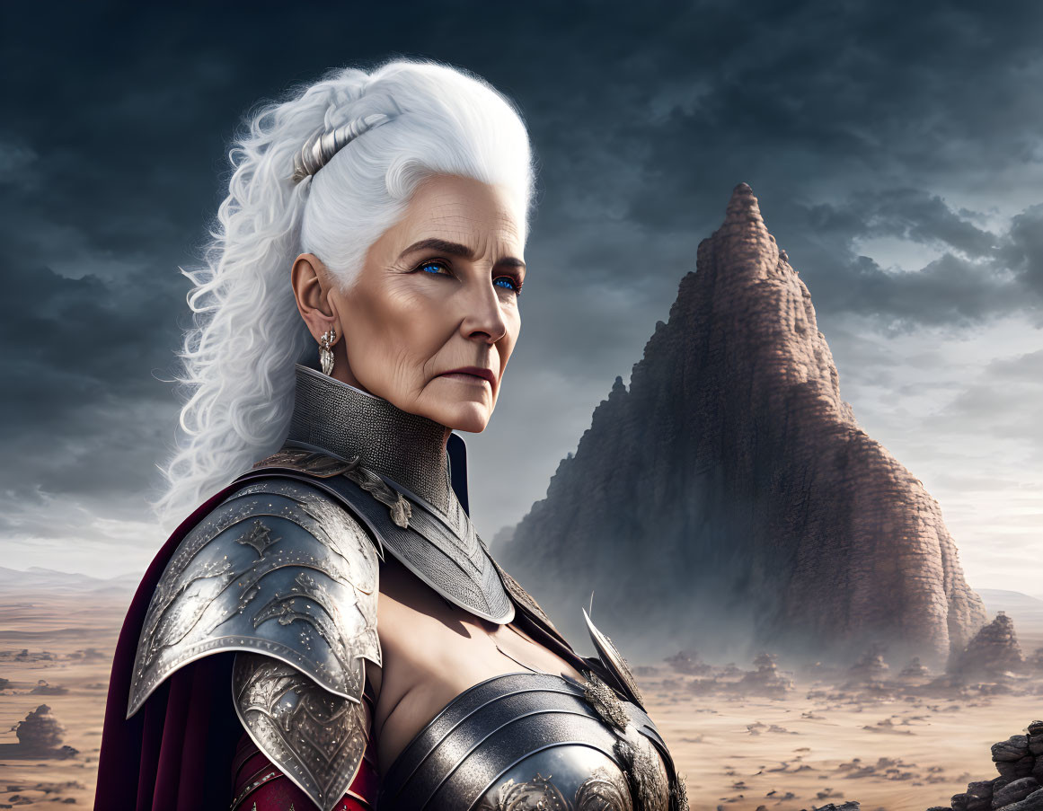 Elderly woman in silver armor amidst barren landscape